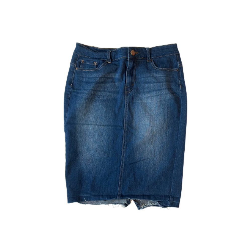 Azy Skirt Pencil Denim Women’s Size Large Knee Length Raw Hem Back Slit Stretch